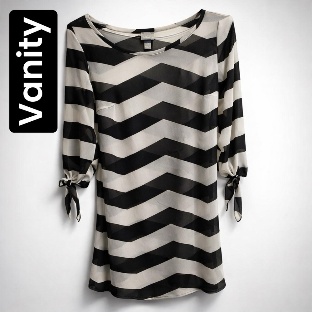 VANITY Sheer Swim Cover black/white chevron w/ 3/4 sleeves With Ties Medium